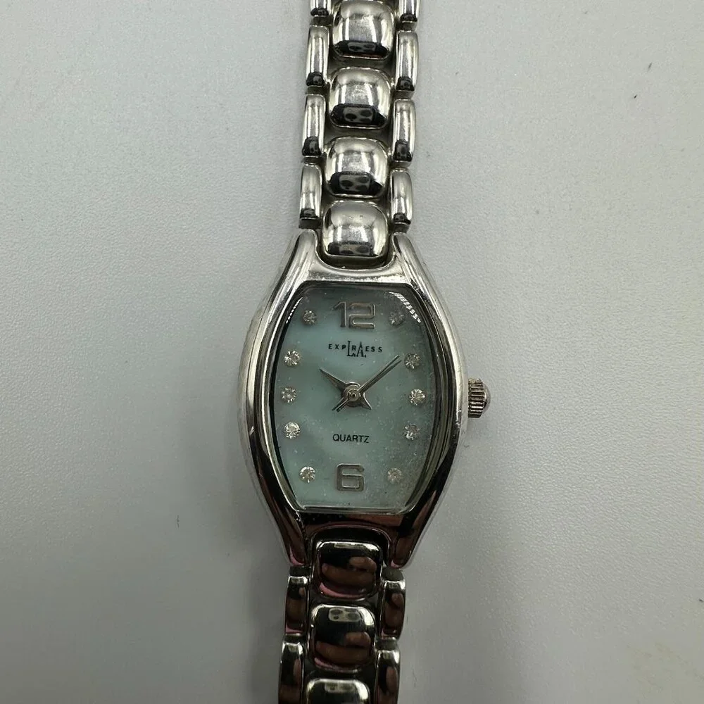 3/$30 L.A. Express Watch Women Silver Tone Blue Mother Of Pearl Dial 6.5" - Picture 2 of 14
